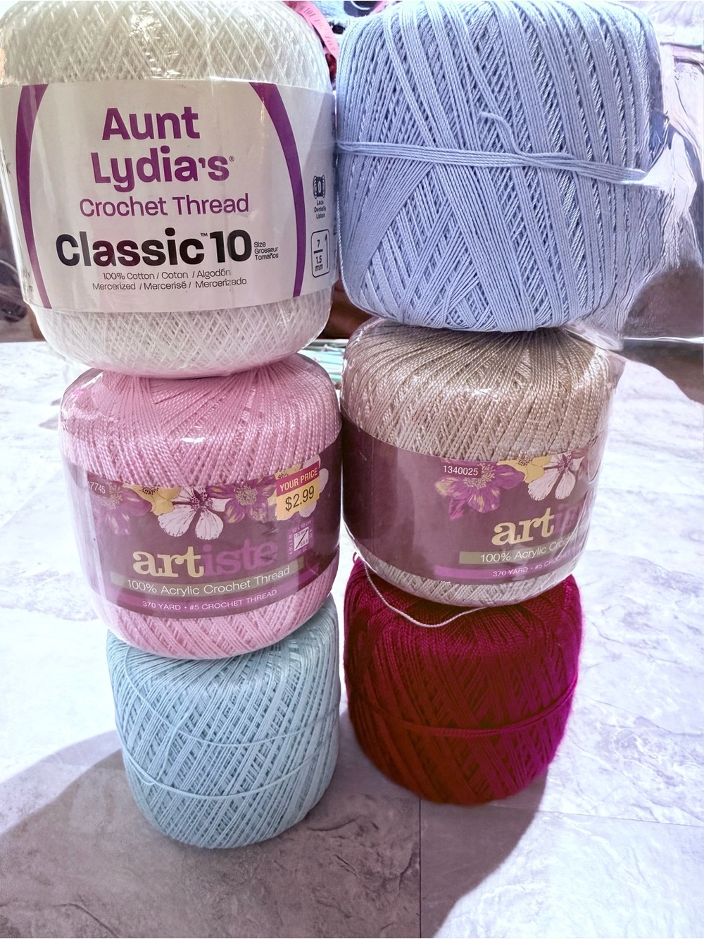 Lot of 6 Crochet Thread Balls - Aunt Lydia's & Artiste (Various Sizes/Colors)